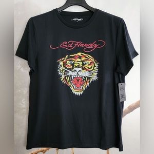 ED HARDY Rhinestone Cotton Blend Garment Washed Short Sleeve Graphic Tee…